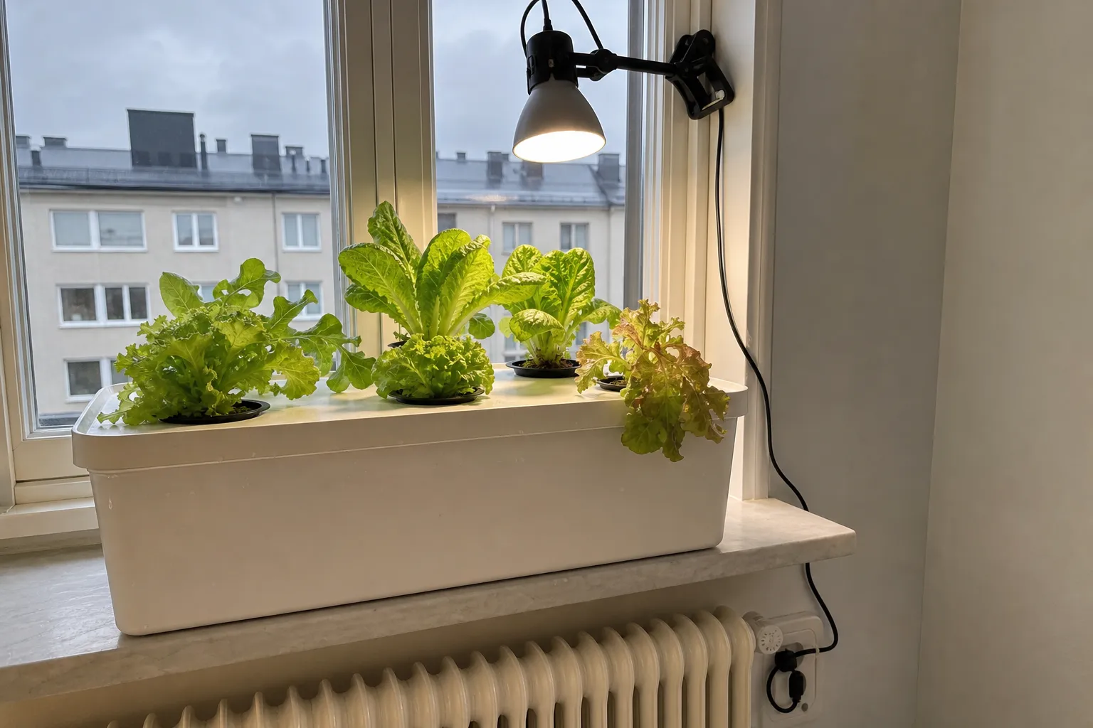 Hydroponisk odling i en vit IKEA Kuggis-låda på en fönsterbänk, med sallad i nätkrukor och en LED-lampa ovanför