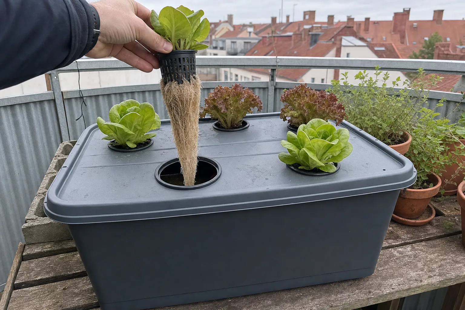 Kratky-odling i en grå förvaringslåda där en nätkruka lyfts upp och visar rötterna och den sjunkna vattennivån